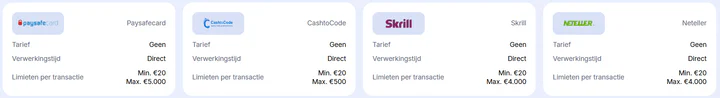 Goodman Casino betaalmethoden met Paysafecard, CashtoCode, Skrill en Neteller, directe verwerking zonder kosten en stortingen vanaf €20