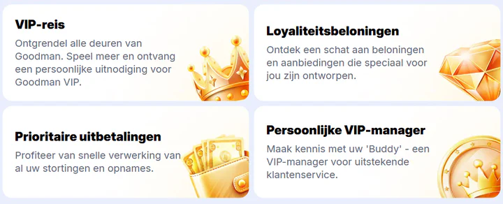 Goodman Casino VIP-programma met loyaliteitsbeloningen, prioritaire uitbetalingen en een persoonlijke VIP-manager